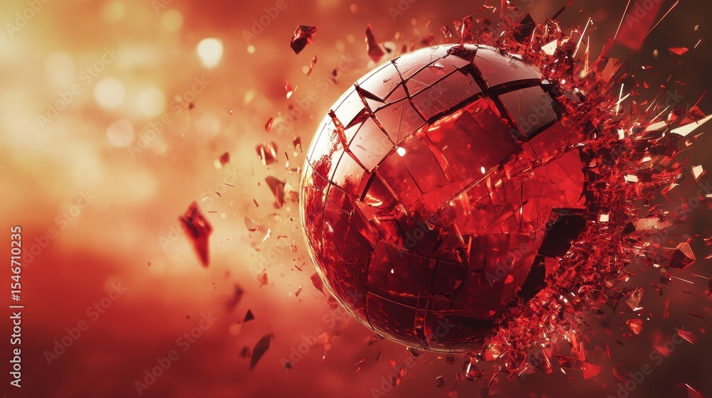 Poster exploding red glass sphere against blurred orange background.