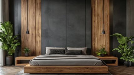 Modern Minimalist Bedroom Design Dark Wood and Concrete Wall Composition, 3D Render, Interior Design, Bedroom Decor Modern Bedroom, Interior Design