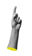 Index finger pointing upward in close up gesture showing tap and selection. Female hand with clean