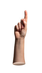 Index finger pointing upward in front view with clean wrist and arm. Close up of female hand