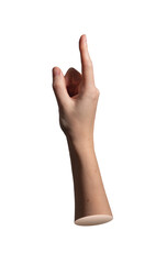 Index finger pointing upward in side view with thumb visible. Close up of female hand showing tap
