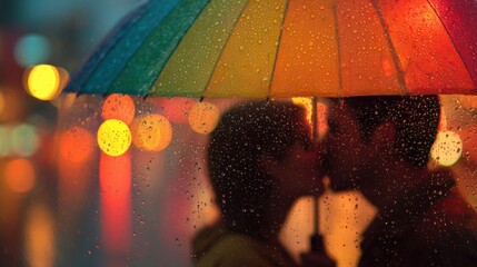 Romantic couple kissing under a colorful umbrella in the rain, blurred city lights in the background creating a warm, dreamy atmosphere. Perfect for themes of love and romance.