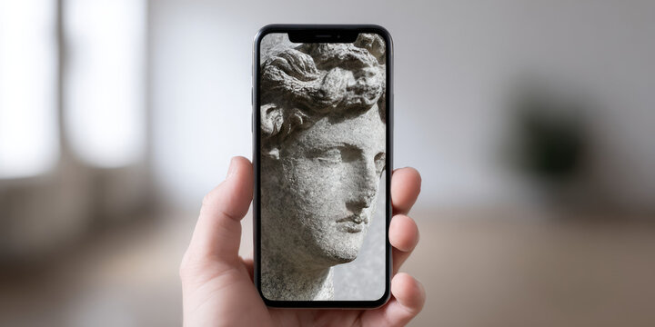 A hand holds a smartphone displaying a close-up image of a stone statue's face. Digital nft art and classical sculpture intersect in modern technology - Powered by Adobe