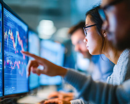Business professionals analyzing stock market data on computer screens in a financial office