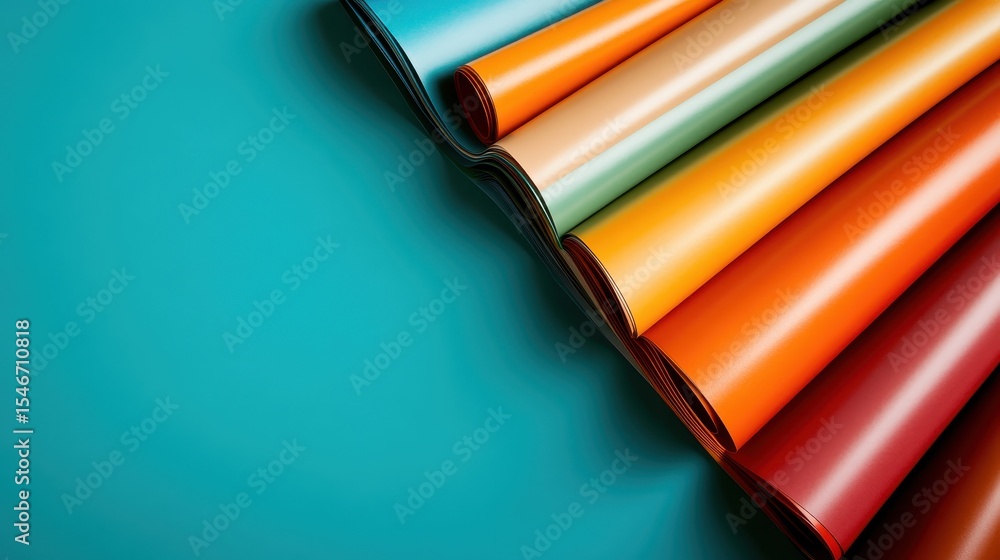 Poster this image showcases an array of colorful rolled papers against a vibrant turquoise backdrop, provid