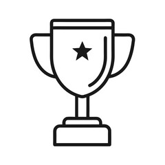 A black and white line drawing of a trophy with a star isolated on white background