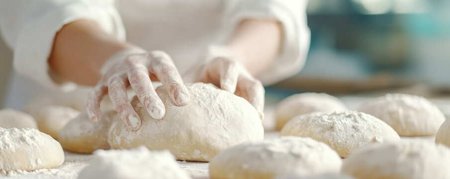 Hands are kneading dough on a floured surface surrounded by other dough balls. Concept: Baking process, preparation, artisan cooking - Powered by Adobe