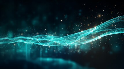 A flowing turquoise data stream with glowing particles and light trails, set against a dark backdrop.
