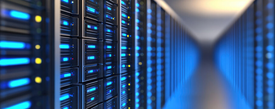 Rows of illuminated servers are lined up in a data center, giving a sense of technological precision and efficiency. Concept: futuristic technology, data infrastructure