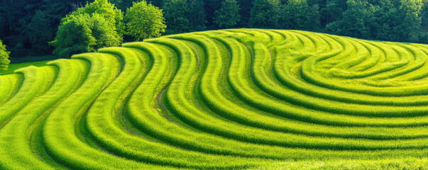 A lush green field with wavy, flowing patterns stretches into the distance, bordered by trees. Concept: nature, landscape, tranquility