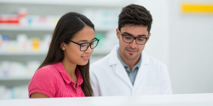 A woman and a man wearing glasses are looking at something together in a store. Professional consultation, teamwork, collaboration