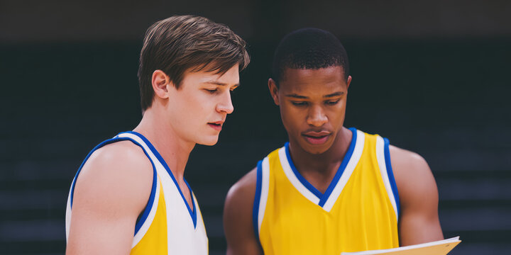 Two athletes in yellow jerseys are looking at a paper together. Teamwork, strategy, and focus