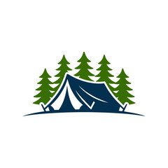 Camping tent and pine trees logo