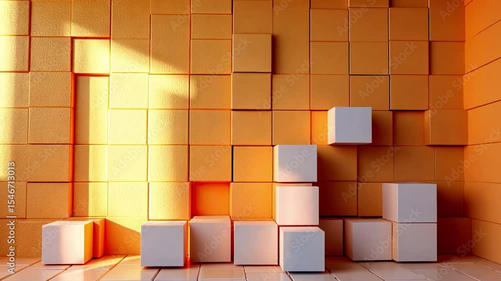 Poster abstract composition of geometric shapes with shadows and light in warm orange tones on a textured w