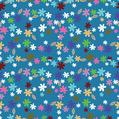 Seamless floral pattern, artistic ditsy print with vintage motif. Elegant botanical design with simple hand drawn plants: small white flowers, leaves on a black background. Vector illustration