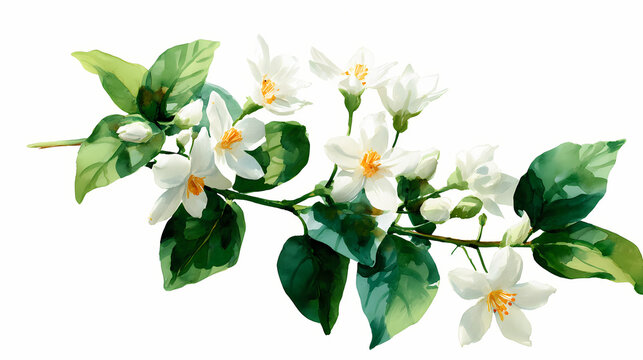 Watercolor Illustration of Parijat (Night Jasmine) &ndash; White Fragrant Flowers with Orange Stems on White Background

