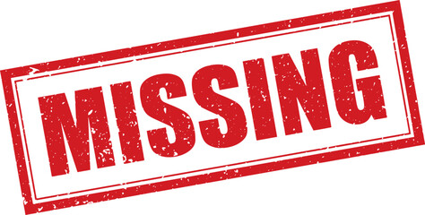 Red Missing Rubber Stamp Word Text Written in Grunge Vector in Sharp Double Border, Vintage, Transparent Background, Svg, Png