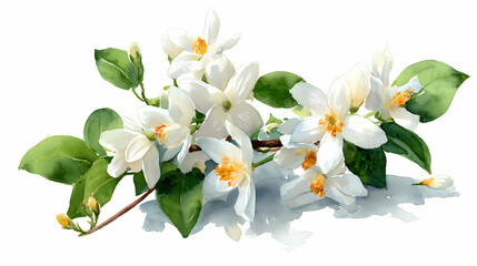 Fototapeta premium Watercolor Illustration of Parijat (Night Jasmine) – White Fragrant Flowers with Orange Stems on White Background