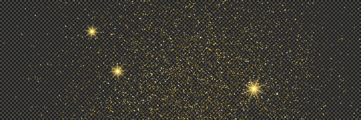 Gold glittering dust with stars on transparent backdrop