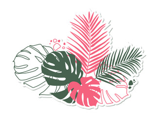 Bright Tropical leaves Sticker. Summer Beach party. Beautiful jungle. Hawaiian tropical, exotic palm leaves for party invitation, advertisement, textile, fabric, packaging, cards. Vector illustration