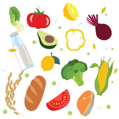 Assorted healthy food ingredients: vegetables, fruits, grains, and fish