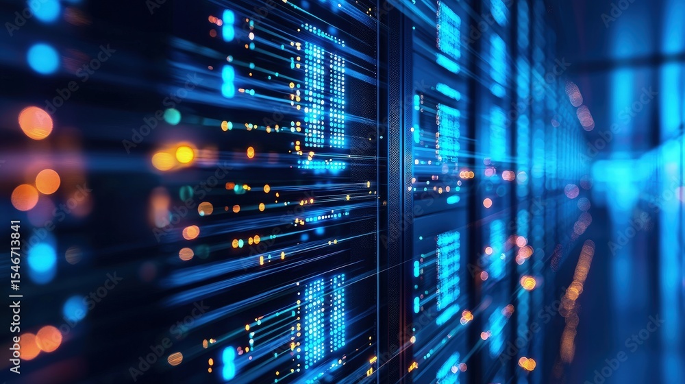 Aufkleber Digital data streams flow across glowing server panels in a high-tech corridor, representing fast data transfer, cloud computing, futuristic networks, and modern information infrastructure