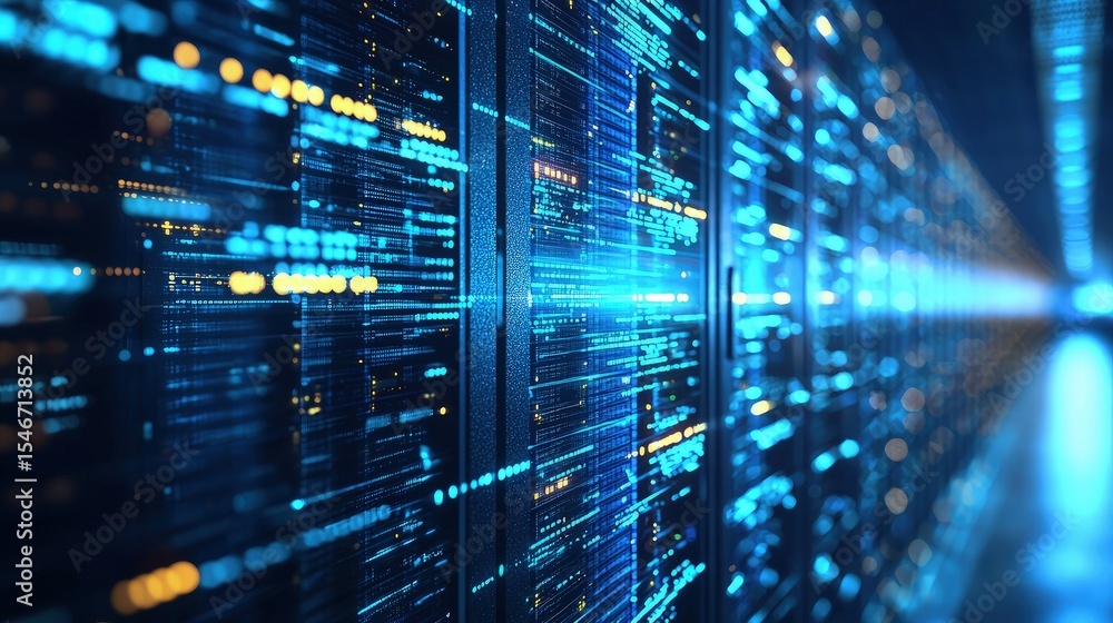 Aufkleber Bright futuristic server racks with glowing data lines in a high-tech corridor, illustrating cloud computing, fast network infrastructure, digital storage, and modern data transmission technology