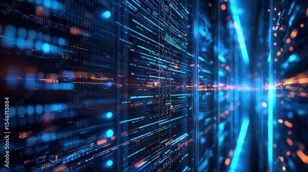 Aufkleber Glowing blue and orange data streams flow through digital server panels in a futuristic corridor, symbolizing fast data transmission, advanced computing, cloud services, and modern network systems