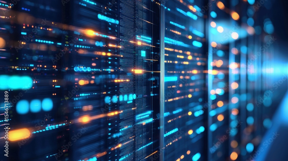 Aufkleber Digital data pulses travel across glowing server racks in a high-tech corridor, illustrating the concept of fast data transfer, modern infrastructure, cloud computing, and digital network systems