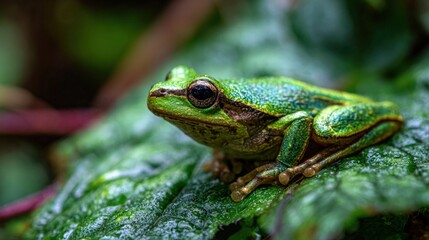 Obraz premium Green Frog Sitting on Leaf in Lush Natural Environment