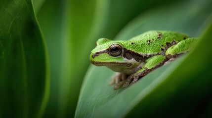 Green Frog Resting on Leaf Surrounded by Lush Green Foliage