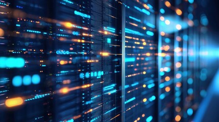 Digital data pulses travel across glowing server racks in a high-tech corridor, illustrating the concept of fast data transfer, modern infrastructure, cloud computing, and digital network systems