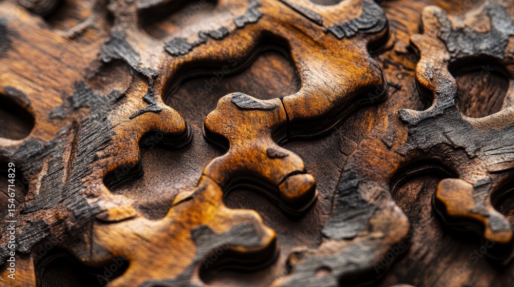 Poster close-up of intricate, dark brown wood carving with abstract, puzzle-like patterns and textures.