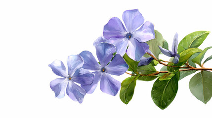 Fototapeta premium Watercolor Illustration of Periwinkle (Sadabahar) Flowers – Delicate Pink and Purple Blooms with Green Leaves on White Background
