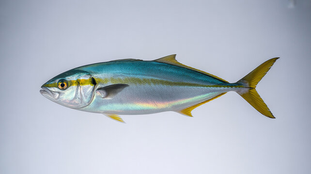 A Detailed Profile View of a Yellowtail Amberjack Fish Against a Neutral Background