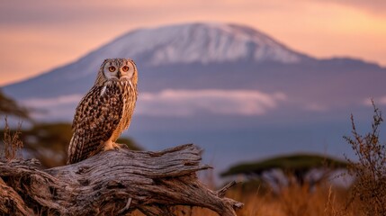 Majestic Owl on a Log with Snow-Capped Mountain in Background