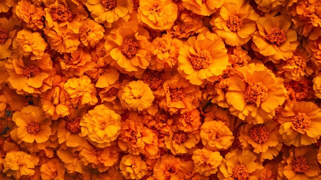 Panoramic view of the traditional Day of the Dead altars decorated with marigolds