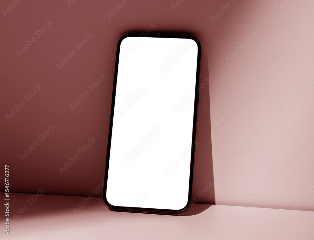 Poster smartphone mock up closeup. black mobile device with blank screen, abstract minimalistic background,