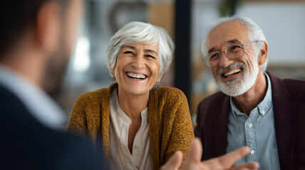 A joyful elderly couple and financial advisor celebrate positive retirement fund review.