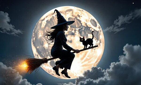 Silhouette of a witch flying on a broom with a black cat beside a large full moon