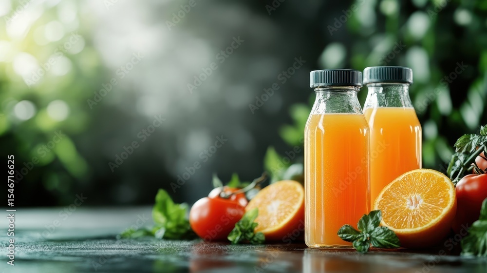 Poster artfully arranged fresh juice bottles with vibrant citrus fruits beside them create a refreshing and