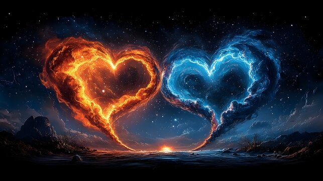 Fiery, icy hearts in cosmic landscape; sunset backdrop