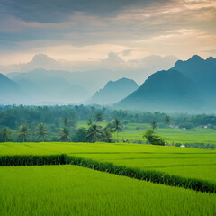 Naklejka premium Serene Green Rice Paddy Fields Surrounded by Majestic Mountains at Dawn
