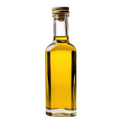 Clear glass bottle filled with golden oil, showcasing its rich color and smooth texture, perfect for culinary uses and gourmet dishes