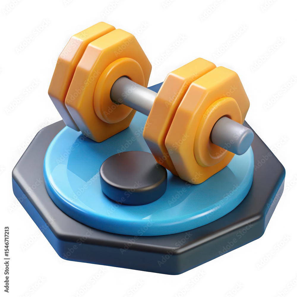 Poster isometric 3d rendering of a dumbbell and base isolated on transparent background.