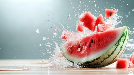 A vibrant watermelon is exploding, creating a refreshing splash of water and fruit pieces, capturing the joy and excitement of summer moments and deliciousness.