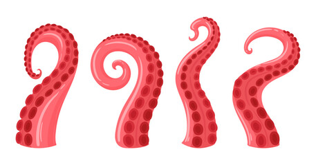 Cartoon squid tentacles. Marine octopus creature palpus, twisted limbs with suckers flat vector illustration set. Ocean octopus animal tentacles on white