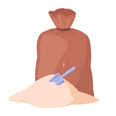 Cartoon sugar bag. Spilled sugar from textile sackcloth bag, agricultural sweet sugar package flat vector illustration. Sugar bag on white