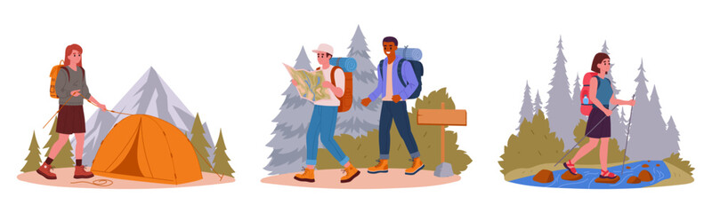 Hiking and camping people. Active characters trekking, outdoor adventure, hiking and backpacking flat vector illustration set. Tourists collection