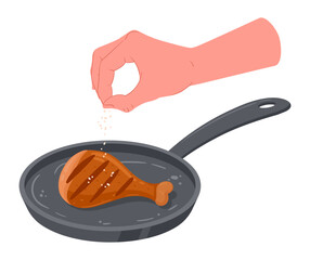 Hand salting pan-fried chicken leg. Cartoon chicken meat cooking process, roasted meat semi-finished product flat vector illustration. Salting chicken leg